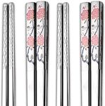 RIANZ Metal Chopsticks Reusable Dishwasher Safe, Chinese Japanese Korean 316 Stainless Steel Chopstick, Square Fancy Color Laser Engraved Chopstick for Cooking Eating, Non-Slip 1 Pair (Style 2)