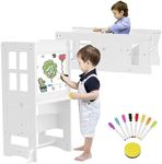 4 in 1 Toddler Tower Kitchen Stool Helper, Toddler Step Stool with Whiteboard and Safety Rail, Anti-Slip Protection, Height-Adjustable Kids Learning Standing Tower for Kitchen Counter Bathroom Sink