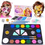 ACWOO Face Paints for Kids, 16 Colors Professional Face Body Painting Kit with 1 Gem Sheet, 2 Glitters, 3 Stencils, 3 Brushes, 4 Sponges, Water Based Face Paint for Halloween, Party, Cosplay