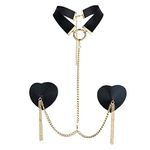 YiZYiF Womens Nipple Covers Sexy Leather Heart Shape Nipple Stickers with Collar Choker Metal Chain Tassel Black One Size