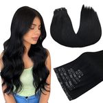 MAXITA Seamless Human Hair Clip in Extensions, Jet Black 150g 7pcs 22 Inch, Clip in Hair Extensions Soft Weft Remy Human Hair Extensions Straight Natural Hair Clip in Extensions