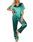 Ekouaer Women Satin Pajamas Set Notch Collar Silk Sleepwear Pjs Set Short Sleeve Button Down Nightwear(Green,X-Large)