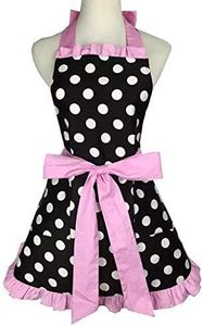 Flirty Apron with Pocket, Retro Sexy Kitchen Cooking Apron for Women Girls Polka Dots Black Pink