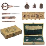 NOTIONSLAND Sewing Kit, Wooden Storage Boxes Embroidery Scissors Kit, with Embroidery Scissors, Needle Case, Awl, Sewing Thimble, Threader for Sewing, Copper