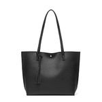 Women's Soft Faux Leather Tote Shoulder Bag from Dreubea, Big Capacity Tassel Handbag, Black-s, S