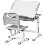 HOMCOM Kids Desk and Chair Set, Height Adjustable Student Writing Desk, Children School Study Table with Tiltable Desktop, Drawer, Pen Slot, Hook - Grey