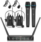 Debra Audio Pro UHF 4 Channel Wireless Microphone System With Cordless Handheld Lavalier Headset Mics, Metal Receiver, Ideal For Karaoke Church Party (With 2 Handheld & 2 Bodypack (A))