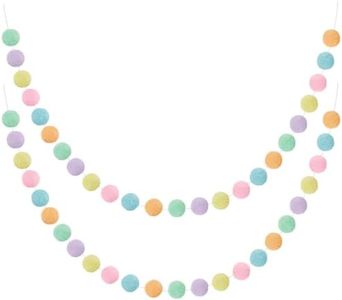 WILLBOND 2 Pieces Wool Felt Ball Garland Colorful Pom Pom Garland 6.5 Ft Long 24 Ball Garland for Mardi Gras Halloween Thanksgiving Xmas Black History Month (Pastel Colors)