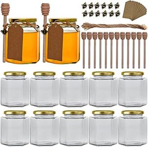 Woaiwo-q Clear Hexagon Glass Jars, 12 oz 12 Pack Hexagon Glass Honey Jars with Golden Lids,Wooden Honey Sticks,Bronzy Bee Pendants,Big Tags,15m Jute Twine, Glass Jars for Honey,Foods.