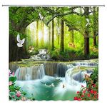 YSATNSFT Waterfall Shower Curtain Nature Rainforest Tree Wild Animals Deer Birds Flower Butterfly Sunrise Summer Scenery Bathroom Decor Quick Drying Polyester Fabric Set with Hooks,(70" WX70 H)