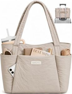 FIORETTO Puffer Tote Bag for Women, Lightweight Work Tote Handbag with Laptop Compartment, Zipper & Roomy Pockets, Puffy Quilted Nurse Bag for Clinical, Travel, College, Teacher & Gym Khaki XL