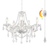 HOXIYA DIMMABLE Plug-in Glass Chandelier 5 Light Crystal, White Hanging Pendant Light Fixture with Cord, Classic Vintage K9 Crystals Beads for Girls' Room Dining Area Kitchen Island PRE-Assembled