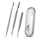 BEZOX Cuticle Pushers and Undernail Cleaner Tool Kit - Stainless Steel Dual Ended Nail Polish Pusher - Angled Cuticle Trimmer and Cuticle Fork - Pack of 3 W/Tin Storage Box