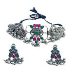 Tvayaa Art Silver Oxidised Choker Necklace Set Peacock Design With Silver Antique Polish Multicolour Stone Ethnic Brass Jewellery For Girls