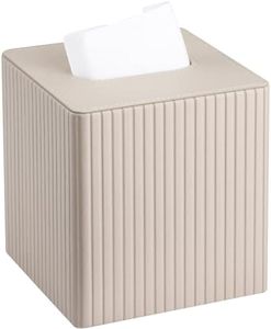 KINGFOM Tissue Box Cover, PU Leather Square Tissue Box Holder for Kleenexs with Magnetic Bottom Cover for Facial Tissues/Napkins, Office & Living Room Decor Box (Beige Strips)