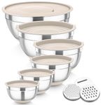 Homikit Mixing Bowls Set of 6, Stainless Steel Salad Bowls with Airtight Lids & 3 Grates, Metal Nesting Bowls for Mixing/Baking/Storing, Silicone Base - 0.7/1.2/1.6/2.5/2.8/4.6L (Khaki)