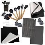 Complete Kitchen Essentials Set - Silicone & Wood Utensils, Spoon Rest, Utensils Holder, Non-Stick Baking Mats & Grilling Mats, Mini Oven Mitts, Combo Cutting Board & Dish Drying Pad