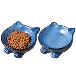 Nihow Ceramic Basic Cat Bowls: 5 Inch Cat Bowl for Food & Water - Food Grade Cat Dish for Small-Sized Cat - Microwave & Dishwasher Safe -Elegant Blue & Black - Set of 2