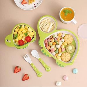 VELLIQUE ; AN E-COMMERCE BRAND Cartoon Animal Bamboo Fiber Dinnerware Plate and Bowl Set for Kids Toddler Plate Bowl Cup Spoon Fork Eco Friendly Non Toxic Baby Utensil Set of 5 Pcs (Turtle)