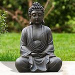 Goodeco Meditating Buddha Statue Figurine Sculpture - Indoor or Outdoor Zen Decor for Home/Garden with Natural Wood Beaded Necklace,Polyresin,Antique Bronze Look (11.4 inch)