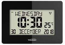 Youshiko Radio Controlled Silent Large LCD Wall Clock (Offical UK Version) Auto Set Up with Day Date Month Helpful for DEMENTIA & ALZHEIMER SUFFERERS (Black)