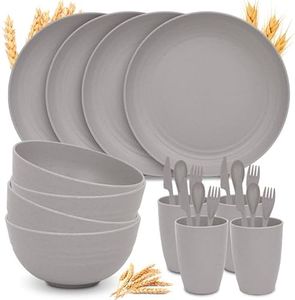 Wheat Straw Dinnerware Sets for 4 - GreenChoice Lightweight & Unbreakable Dishes Microwave & Dishwasher Safe Perfect for Camping, Picnic, RV, Dorm Plates, Cups and Bowls (Gray)