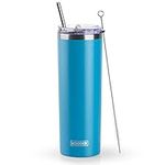 Koodee Straw Tumbler Skinny Travel Tumbler with Lid, 20oz Vacuum Insulated Double Wall Stainless Steel Water Tumbler Cup for Coffee, Tea (Sky Blue)