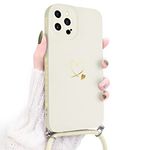 Newseego Lanyard Case Compatible for iPhone 12 Pro Max, Cute Gold Love Heart Pattern Women Girls Liquid Silicone Protective iPhone 12 Pro Max Case with Heart Side Frame Adjustable Neck Strap-White