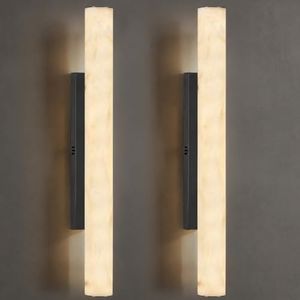 Artisan Alabaster Wall Sconces Set of 2, 36in Matte Black Linear Sconce, Faux Alabaster Sconce for Bathroom Vanity, 3000K Dimmable Hardwired Modern Wall Sconces for Bedroom Living Room Hallway
