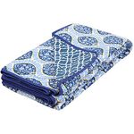 Cloth Fusion Cotton Reversible Dohar Single Bed Size All Season Blanket (Blue Leaves, Pack of 1)