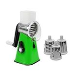 AMOS Rotary Multifunction Cheese Grater, Vegetable Fruit Slicer with Three Stainless Steel Drum Blades Green