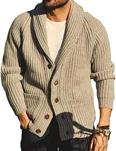 Runcati Mens Shawl Collar Cardigan Sweaters Button Down Open Front Knitwear Cable Knitted Ribbed Jackets Outwear, Khaki, Large