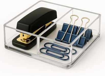 CLASSIC ACRYLIC Paper Clip Holder w/Adjustable Compartment Includes Premium Gift Box. Great Gift for Christmas. Durable & Stylish Desk Organizer for Office Supplies & Sticky Note/Post it Note Holder.