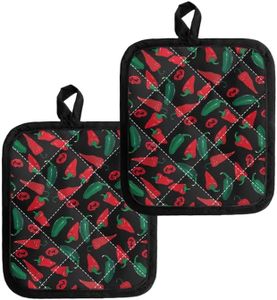 Jndtueit Red Chili Hot Pads Washable for Kitchens, Cartoon Hot Pepper 2 Set Heat Resistant Potholder Multipurpose with Hanging Loop, Green Chilli Potholder for Cooking & Baking