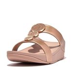 FitFlop Women's Halo Bead-Circle Metallic H-bar Slides Wedge Sandal, Rose Gold, 7
