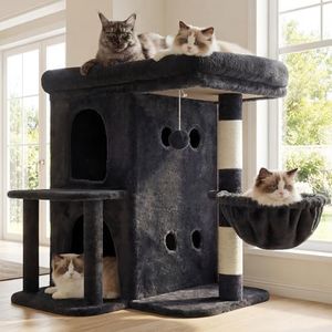 Heybly Cat Tree, 65cm Cat Tower with Spacious Top Perch for Large Cats, Stair-Style Cat House Furniture with Dual-Layer Condos, Sisal Scratching Posts, Cozy Basket & Pompom, Smoky Gray HCT204SG