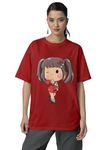 Reifica Oversized T Shirts for Women Cartoon Printed Drop Shoulder Longline Casual Loose Fit Boyfriend Tshirt (Large, Maroon)