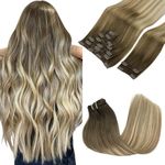 GOO GOO Clip in Hair Extensions Real Human Hair, 22inch 150g 9Pcs, #3/8/613 Balayage Walnut Brown to Ash Brown and Bleach Blonde, Remy Human Hair Extensions Clip ins for Women, Natural Human Hair