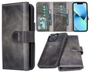 Bayelon Full Grain Leather Tri-Fold Wallet Case for iPhone 13 Pro - [2-in-1], Detachable Magnetic Flip Cover with Card Slots, Durable Frame Case (Smoked Black)