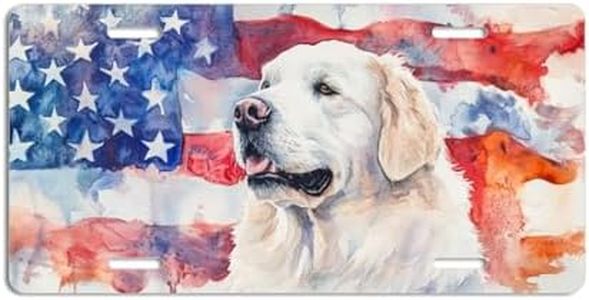 NGZ Great Pyrenees License Plate, Funny Pet American Flag Painting Aluminum License Plate Suitable for Car, RVs, Bars, Fences, garages, etc. 12x6 Inch