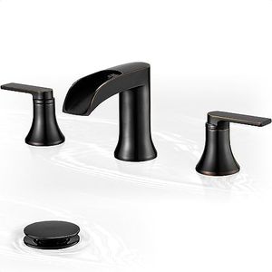 HOIGY Oil Rubbed Bronze Widespread Waterfall Bathroom Sink Faucet 3 Hole, 4-8 Inch Brass Farmhouse Bathroom Faucets with Pop-up Drain and Supply Lines, 2 Handle for Vanity, Lavatory, Restroom