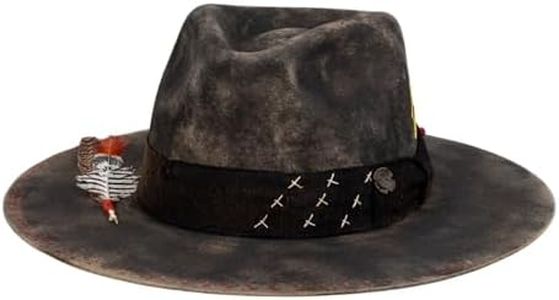 RUEDIGER Retro Wide Brimmed Stiff Fedora Men's and Women's Hats,100% Wool Classic Felt Hat,Distressed/Burned Handmade (US, Numeric, 7 1/8, Anthracite)