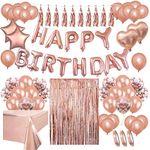 Areebz 82pc Rose Gold Birthday Party Decorations, Happy Birthday decoration banner Latex Confetti Star Heart foil Balloons tassel curtain tablecloth for Girls Women Party Supplies