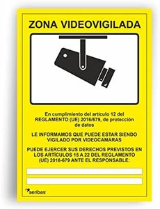 Seribas Señal Zona Videovigilada Cartel de PVC glaspack 0,7mm A4 21 x 30cm Amarillo Tinta y Material Resistente Interiores y Exteriores