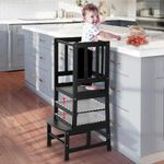 Height adjustable toddler kitchen step stool - kitchen learning helper standing tower for kitchen counter bathroom nursery black