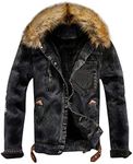 Sun Lorence Men's Winter Fleece Lined Fur Collar Button Down Patch Denim Jacket Coats