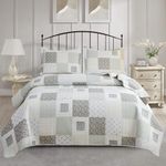 3-Piece Plaid Quilt Set King Size, Lightweight Gray Floral Patchwork Bedspread Set Reversible Country Plaid Grey White Coverlet Quilt Lightweight Bedding Set(1 Coverlet & 2 Pillow Shams Included)