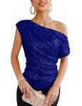 GRACE KARIN Slimming Ladies Off Shoulder Sequin Top Dressy Ruched Asymmetrical Sparkle Top Cute Bling Vegas Outfit for Women Holidays Shimmer Royal Blue L