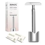 ZOMCHI Double Edge Safety Razor with Stand in Silver -Classic Men's Shaving Razor with 10 Blades - Durable, Long-Lasting Stainless Steel Construction