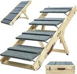 Dog Ramp, 2-in-1 Foldable Wooden Dog Stairs, 32.6" Long and Adjustable from 8.5" to 18" with Non-Slip Traction Mat, Dog Steps for Bed, Couch, Car, Rated for 30 LBS (Grey)